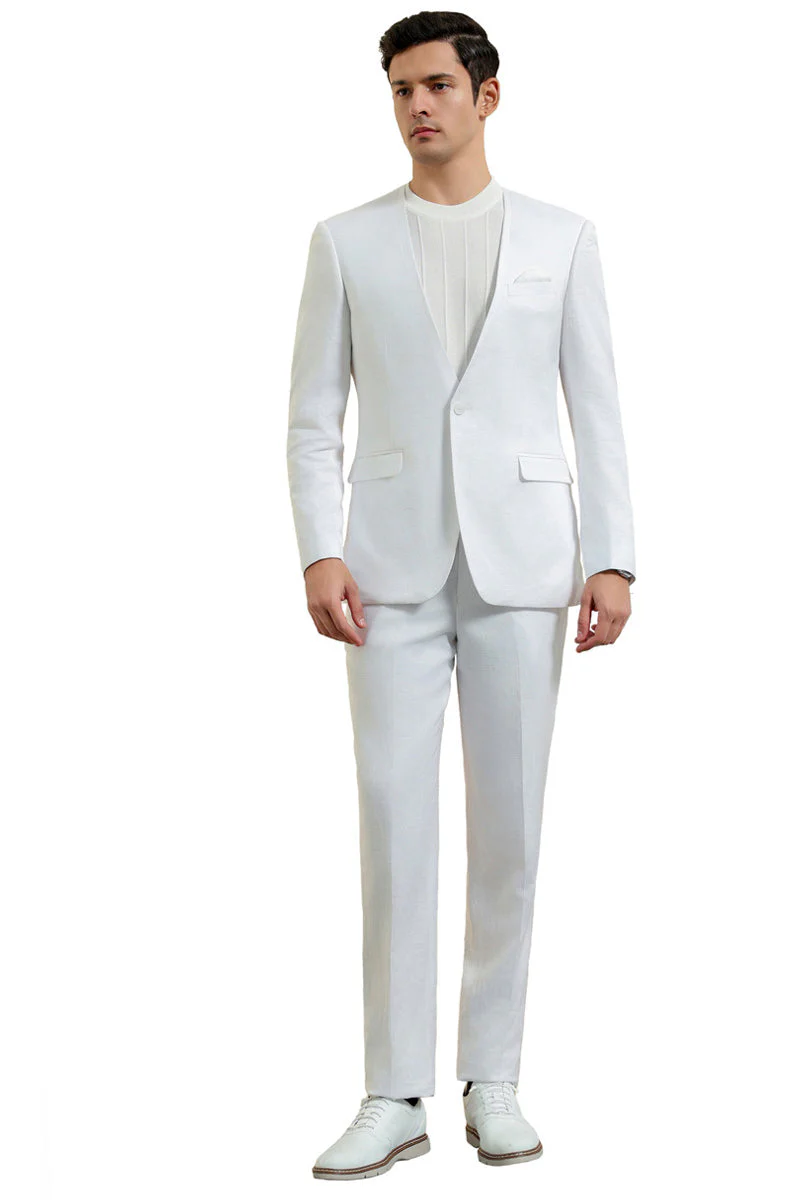 Men's Modern Fit Collarless Summer Wedding Suit in White - Image 2