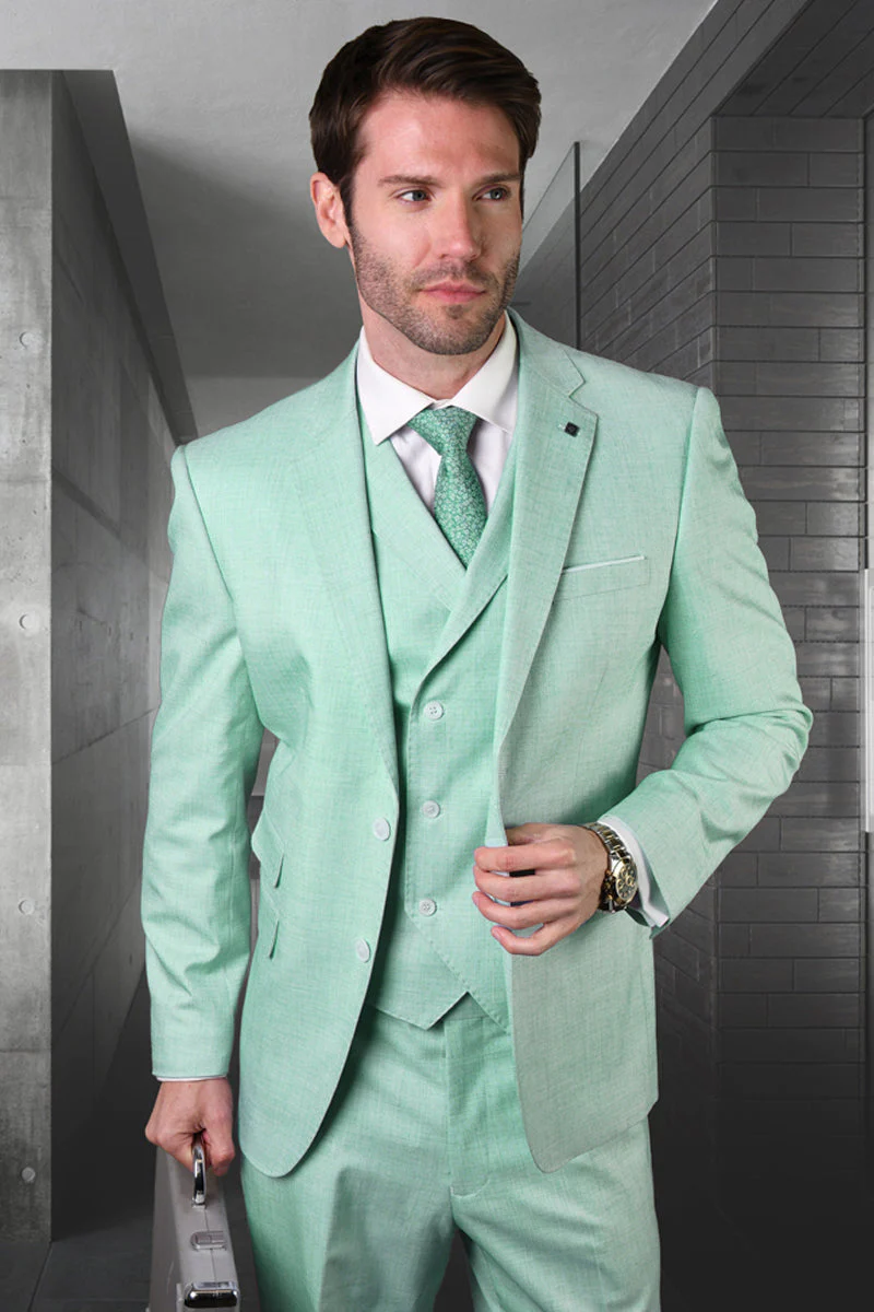 Men's Modern Fit Designer Summer Wool Suit in Mint Green with a Double Breasted Vest