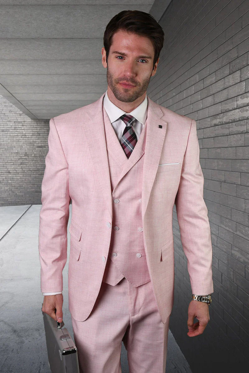 Men's Modern Fit Designer Summer Wool Suit in Pink with a Double Breasted Vest