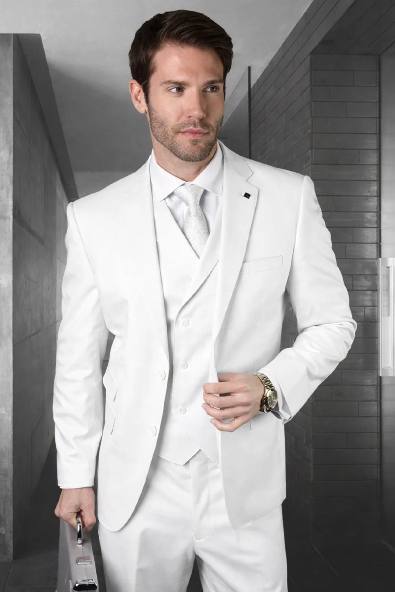 Men's Modern Fit Designer Summer Wool Suit in White with a Double Breasted Vest