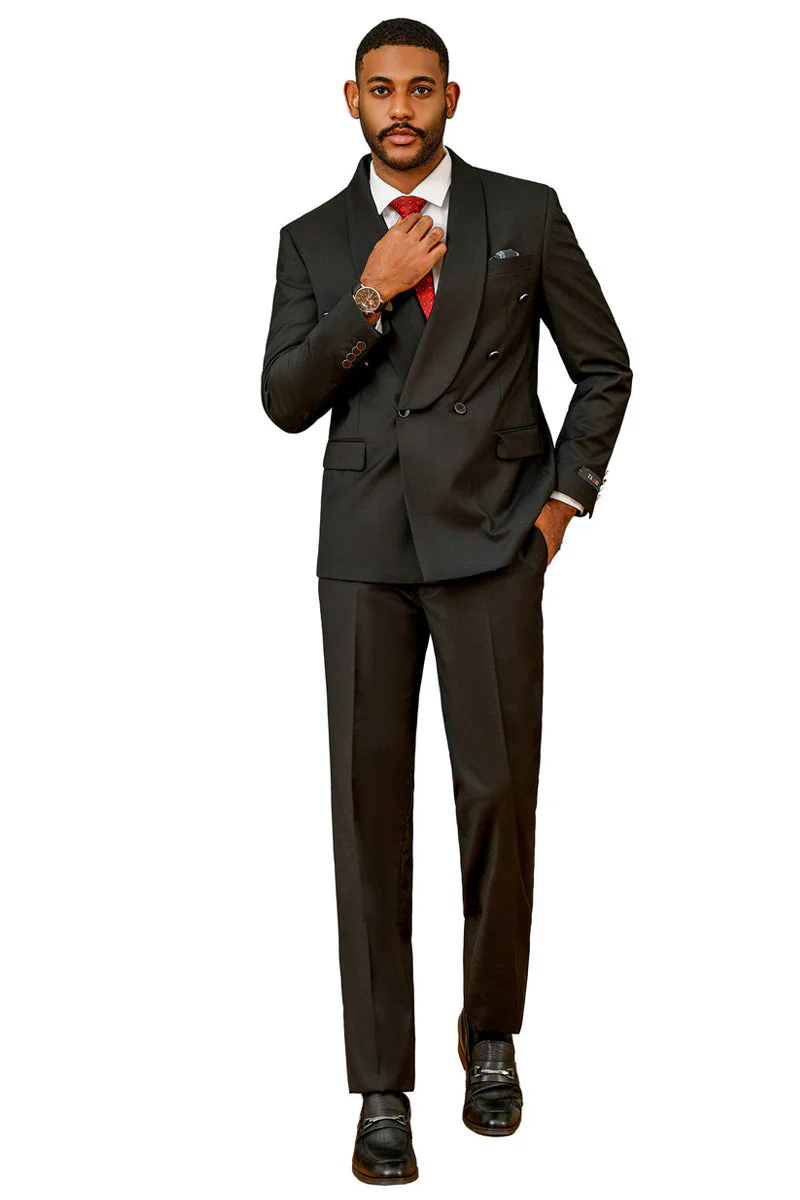 Men's Modern Fit Double Breasted Shawl Lapel Suit in Black - Image 2