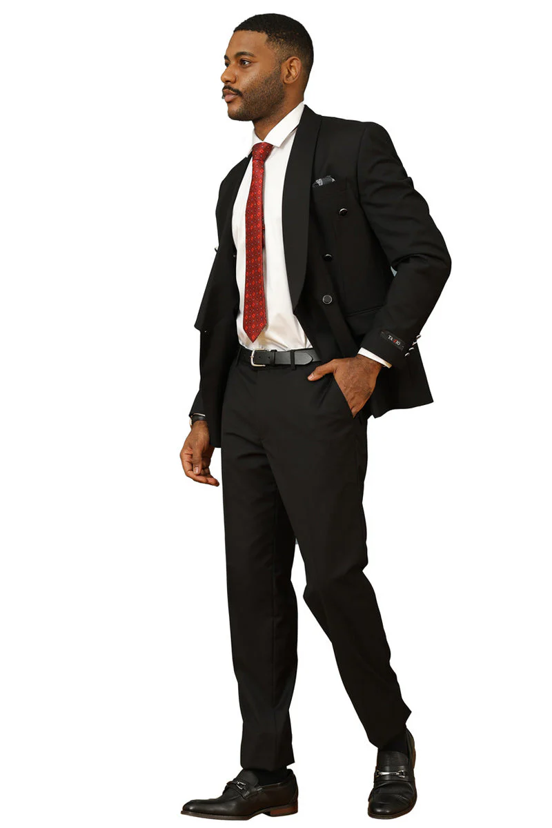 Men's Modern Fit Double Breasted Shawl Lapel Suit in Black - Image 3