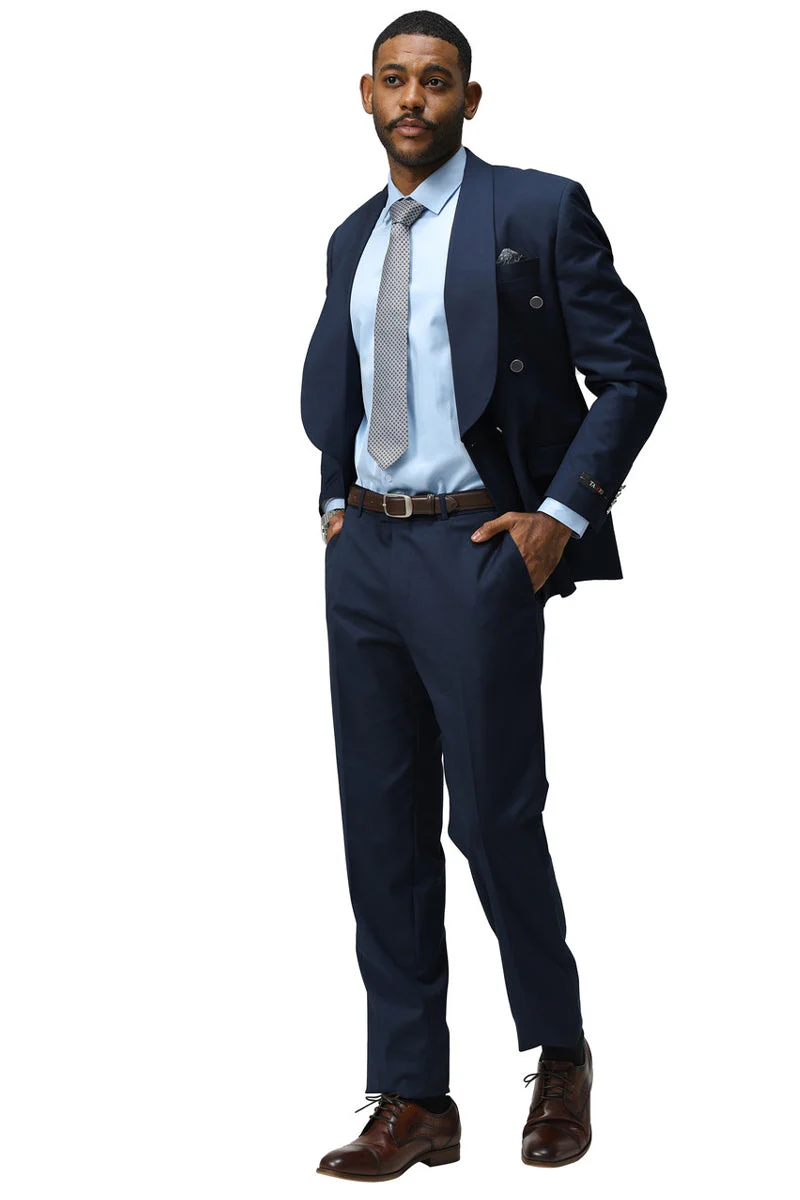 Men's Modern Fit Double Breasted Shawl Lapel Suit in Navy - Image 3