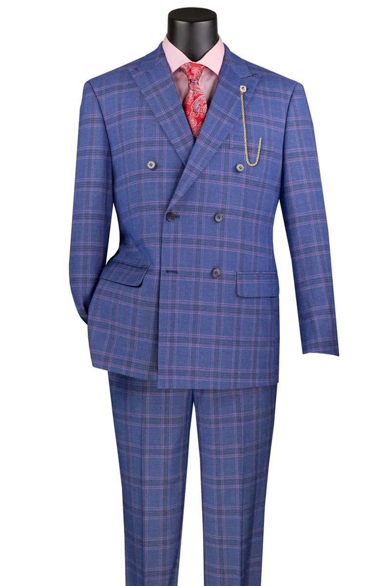 Men's Modern Fit Double Breasted Stretch Suit in Blue Glen Plaid - Image 2