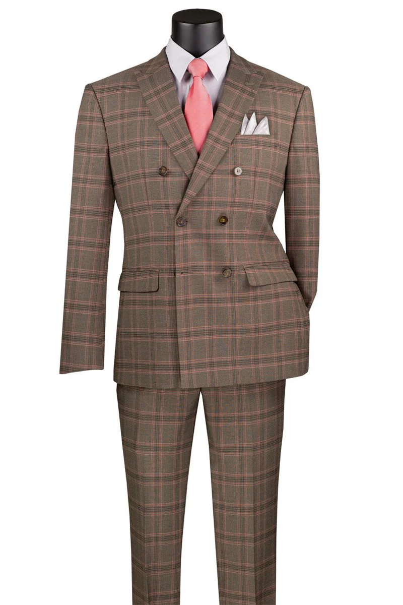 Men's Modern Fit Double Breasted Stretch Suit in Brown Glen Plaid - Image 2