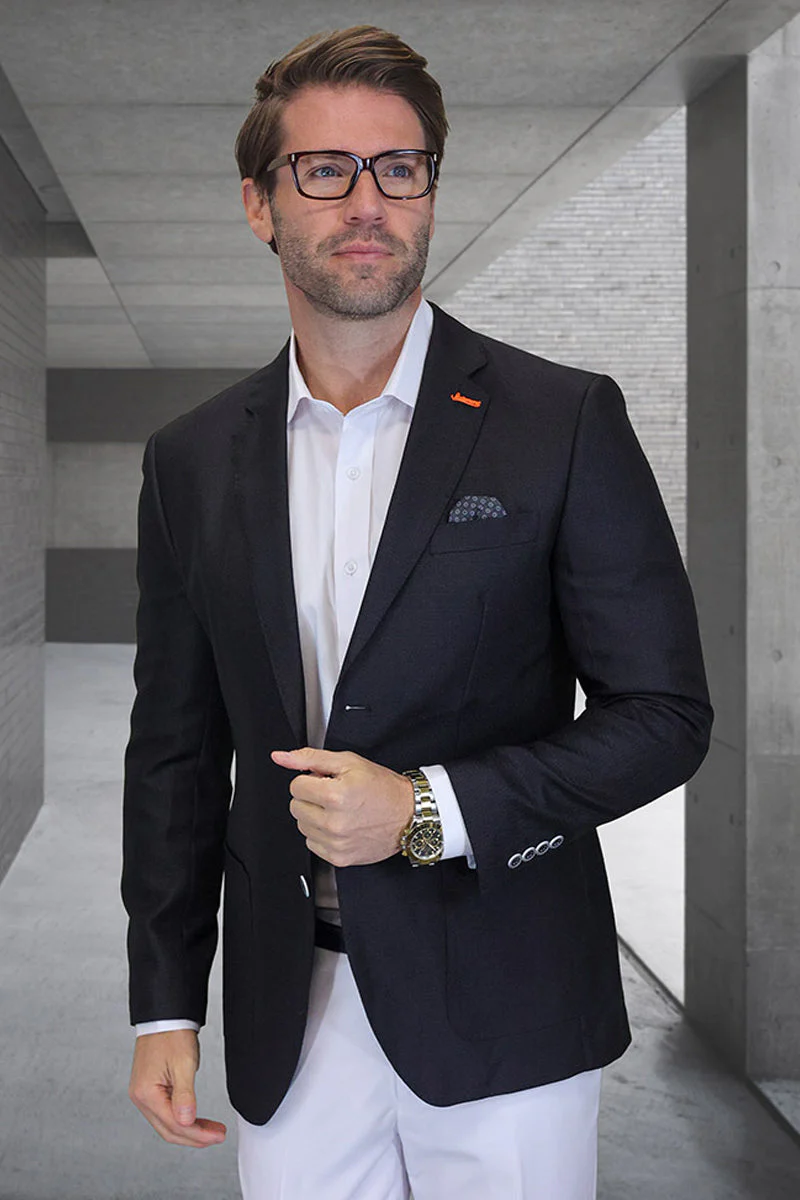 Men's Modern Fit Patch Pocket Designer Wool Summer Blazer in Black Windowpane Check