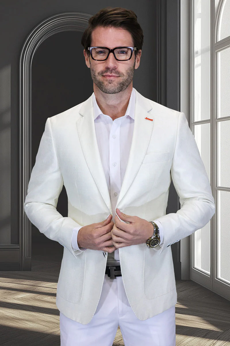 Men's Modern Fit Patch Pocket Designer Wool Summer Blazer in Ivory Windowpane Plaid