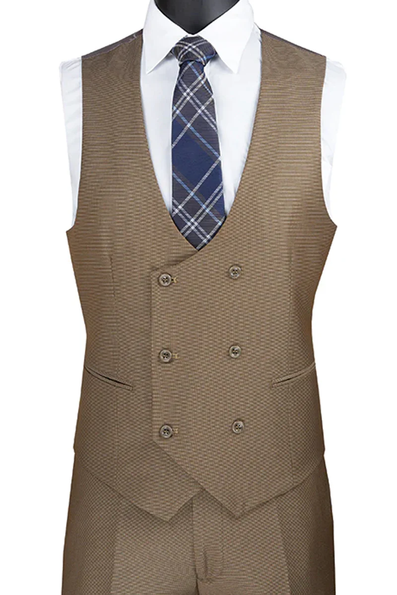 Men's Modern Fit Tuxedo Suit with Double Breasted Vest and Satin Trim in Khaki - Image 2