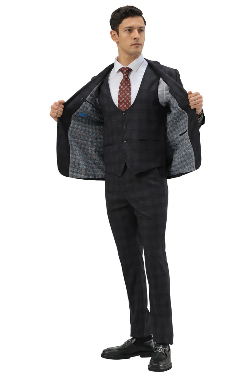 Men's Modern Fit Two Button Suit with Scoop Vest in Black Windowpane Plaid - Image 2