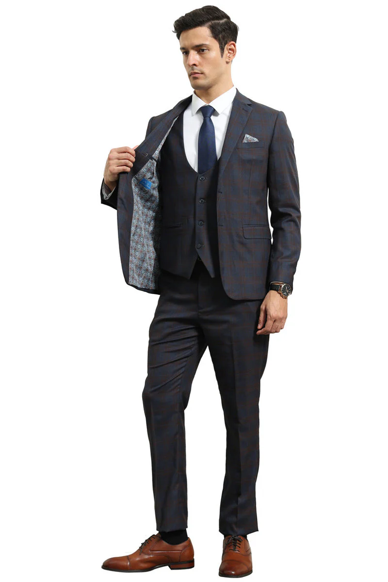 Men's Modern Fit Two Button Suit with Scoop Vest in Blue & Brown Windowpane Plaid - Image 2