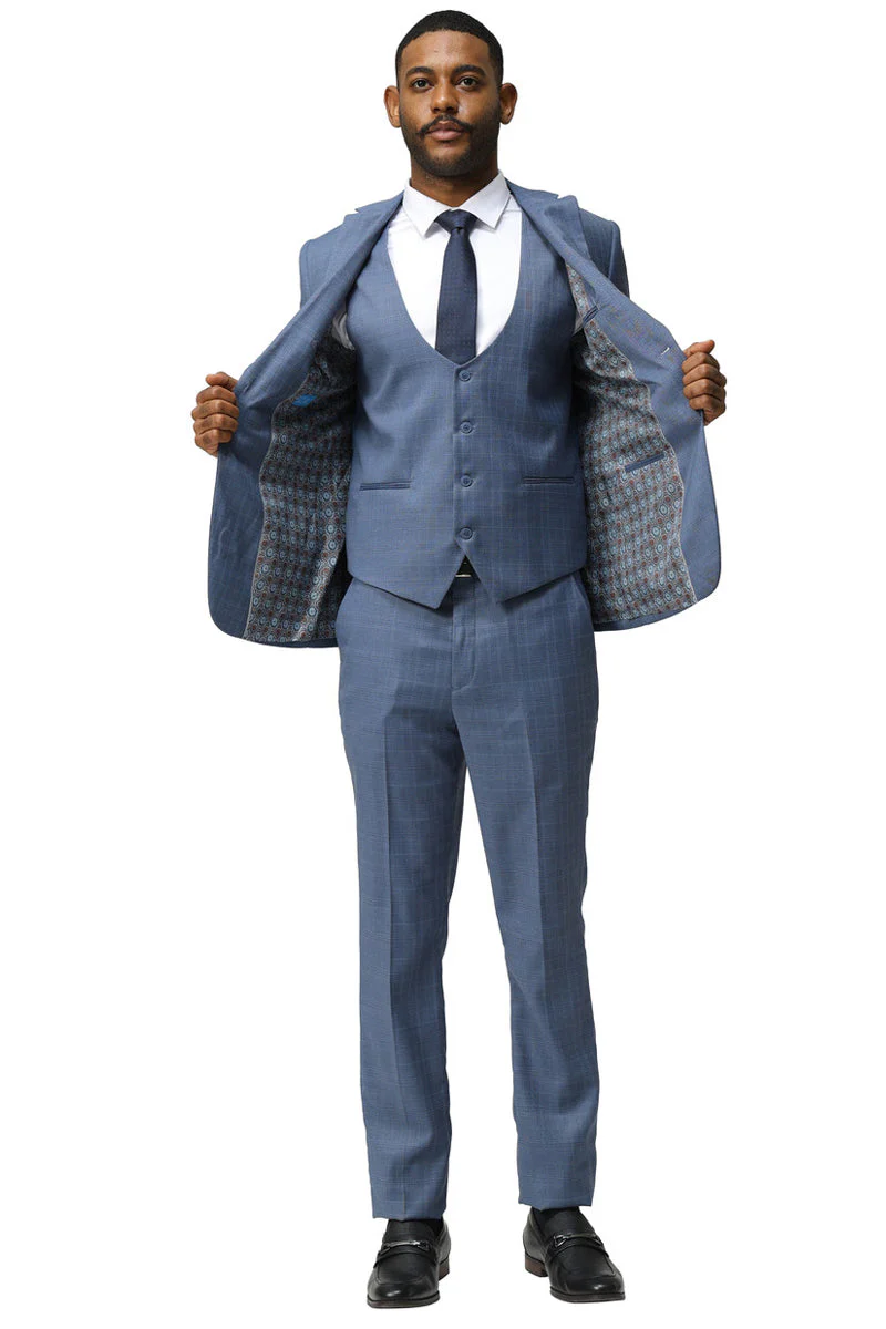 Men's Modern Fit Two Button Suit with Scoop Vest in Blue Windowpane Plaid - Image 2