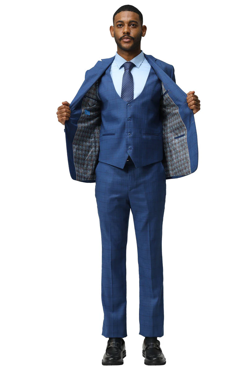 Men's Modern Fit Two Button Suit with Scoop Vest in Dark Blue Windowpane Plaid - Image 2