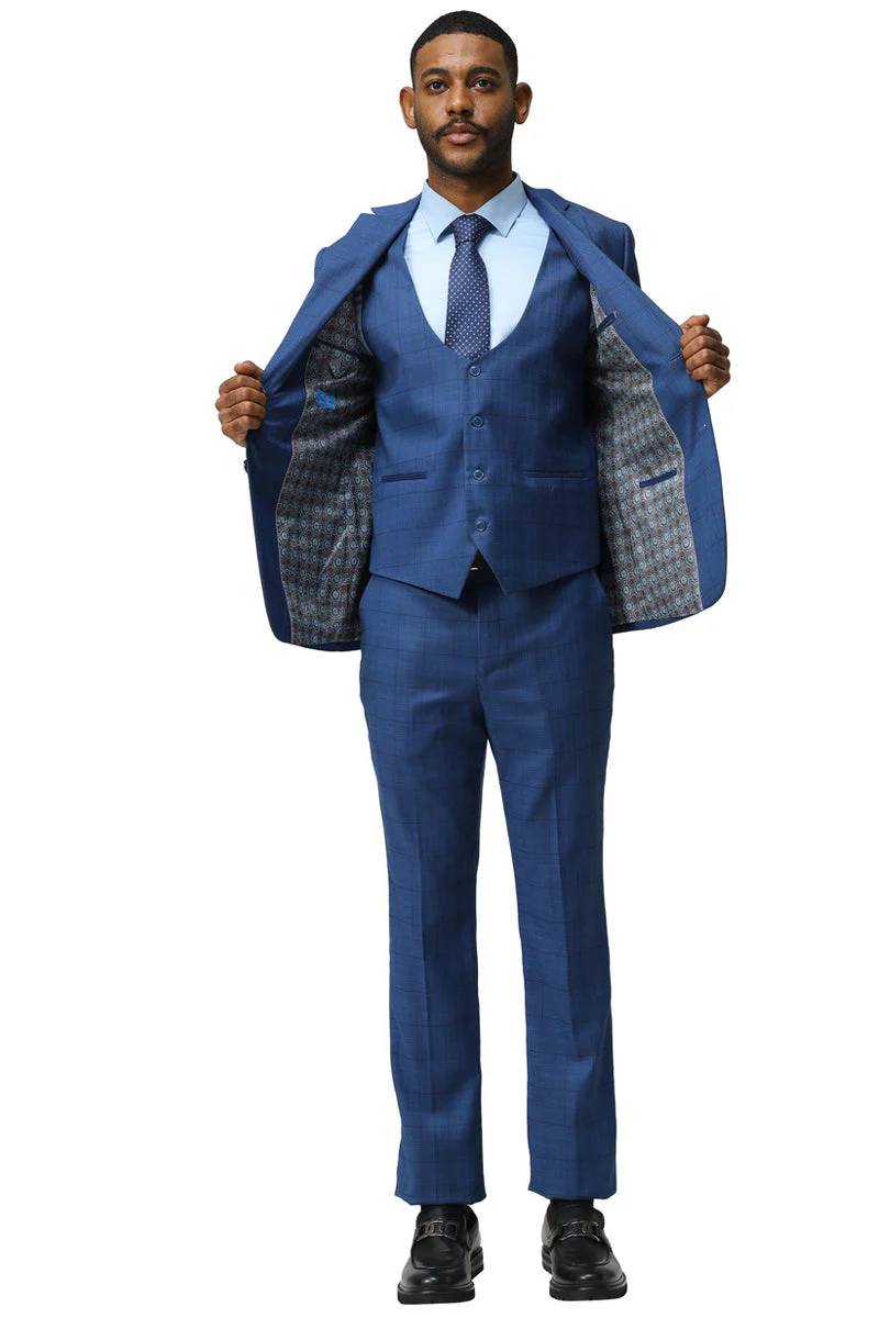 Men's Modern Fit Two Button Suit with Scoop Vest in Dark Blue Windowpane Plaid - Image 3