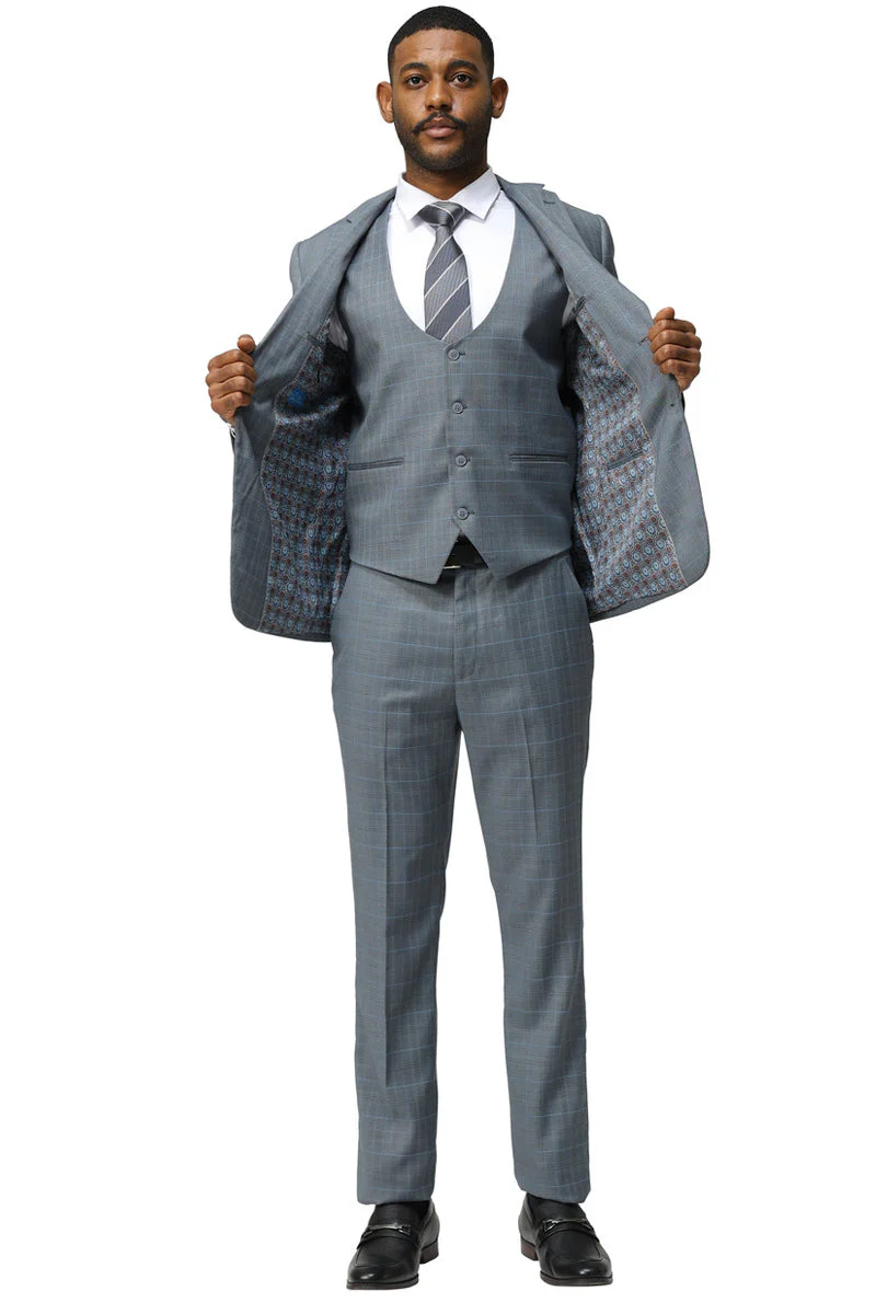 Men's Modern Fit Two Button Suit with Scoop Vest in Grey Windowpane Plaid - Image 2