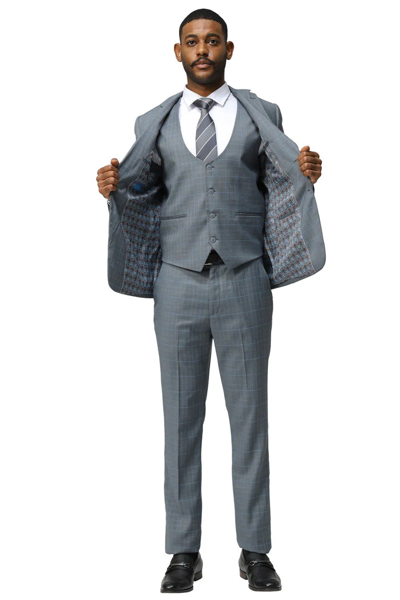 Men's Modern Fit Two Button Suit with Scoop Vest in Grey Windowpane Plaid - Image 3