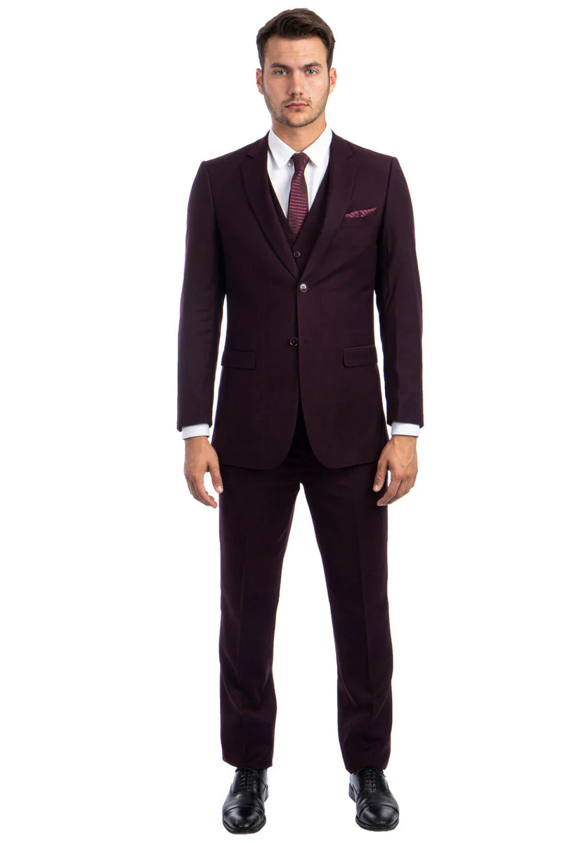 Men's Modern Fit Vested Business Suit in Burgundy Tonal Shadow Pinstripe - Image 2