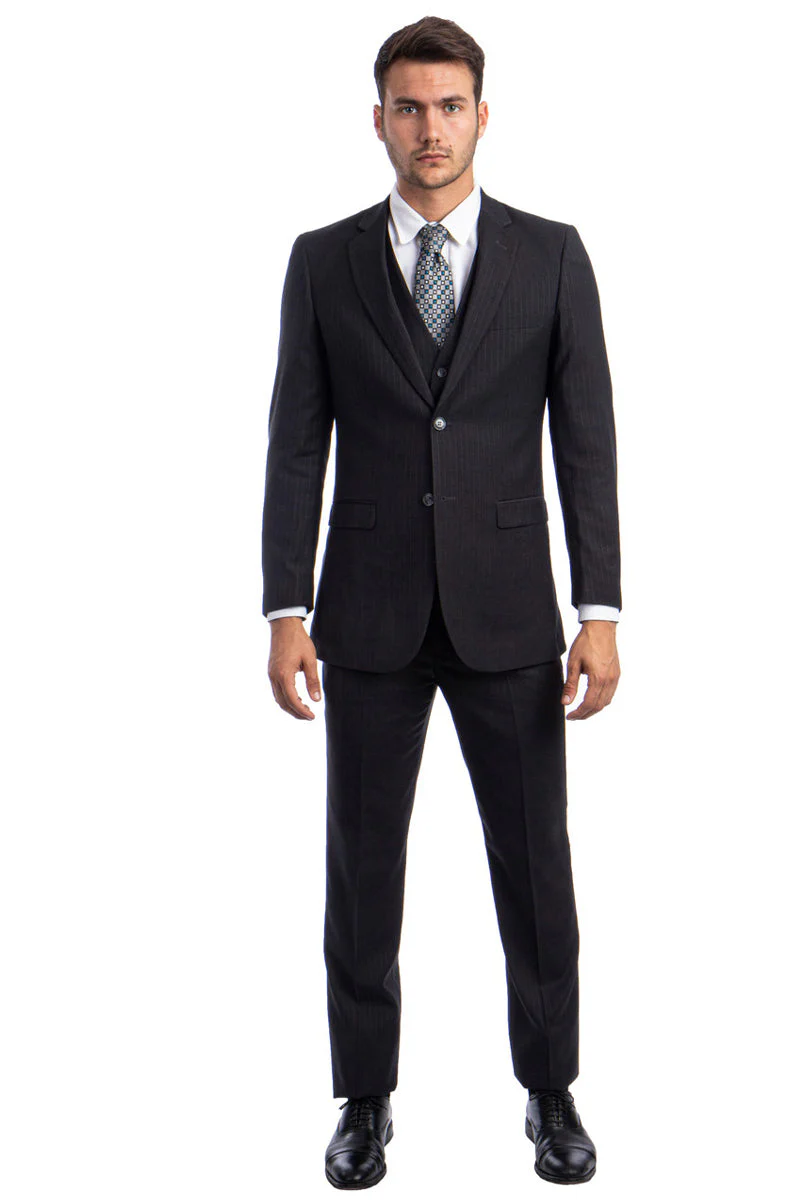 Men's Modern Fit Vested Business Suit in Charcoal Grey Tonal Shadow Pinstripe - Image 2