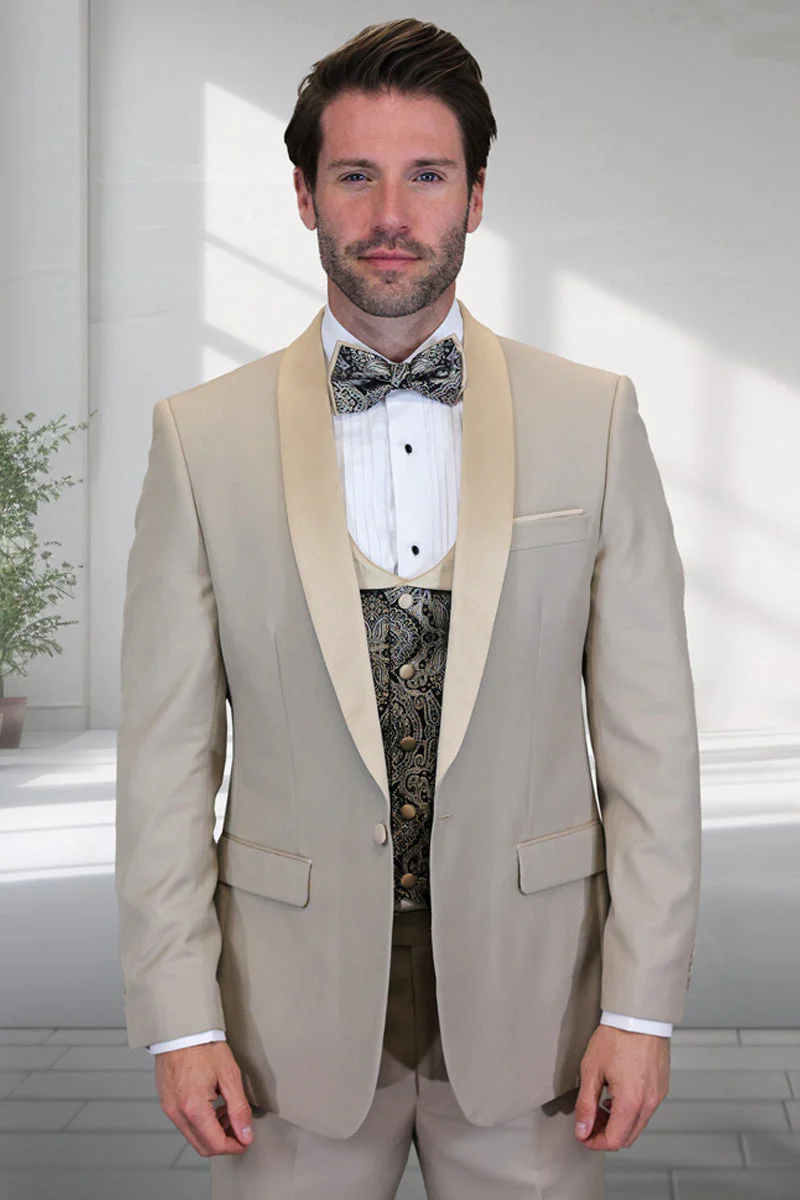 Men's Modern Fit Wedding & Prom Shawl Tuxedo with Matching Paisley Vest Set in Champagne Tan