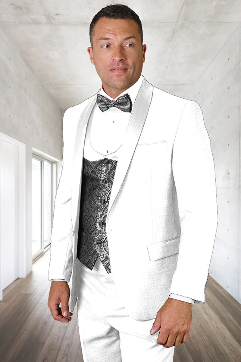Men's Modern Fit Wedding & Prom Shawl Tuxedo with Matching Paisley Vest Set in White