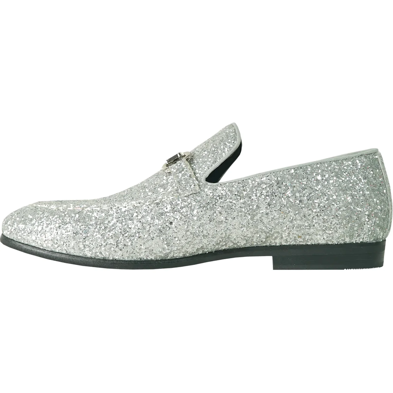 Mens Modern Glitter Sequin Prom Tuxedo Buckle Loafer in Silver Grey - Image 3