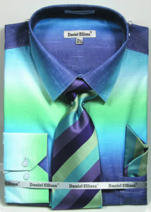 Men's Multi-Color Faded Print Dress Shirt & Tie Set in Aqua Blue