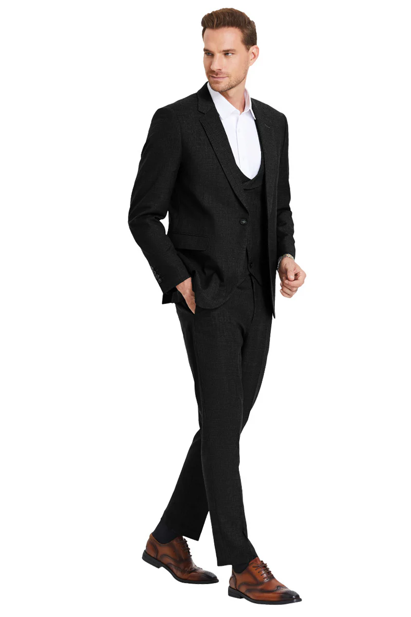 Men's One Button Double Breasted Vest Slim Fit Sharkskin Wedding Suit in Black - Image 2