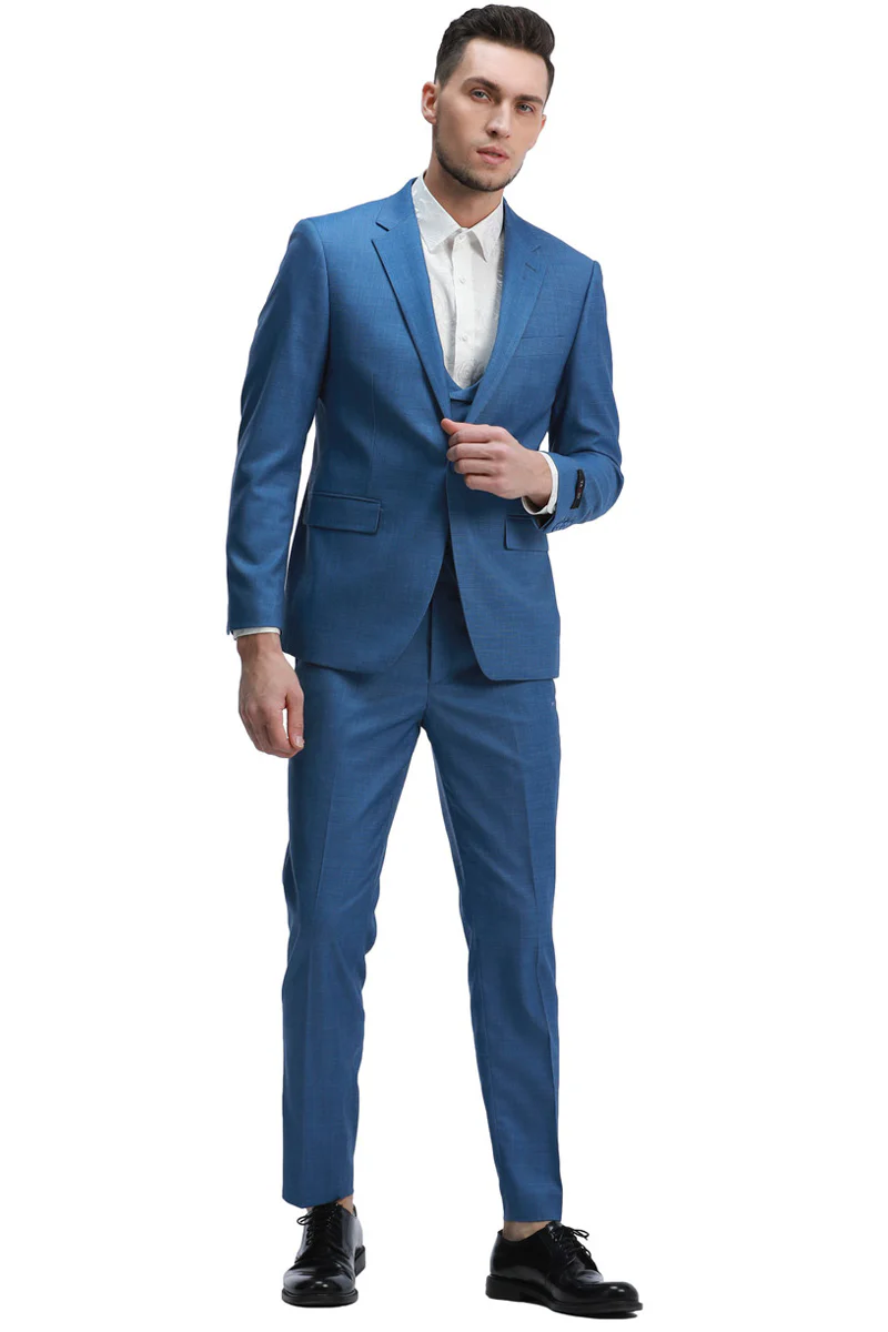 Men's One Button Double Breasted Vest Slim Fit Sharkskin Wedding Suit in Indigo Blue - Image 2
