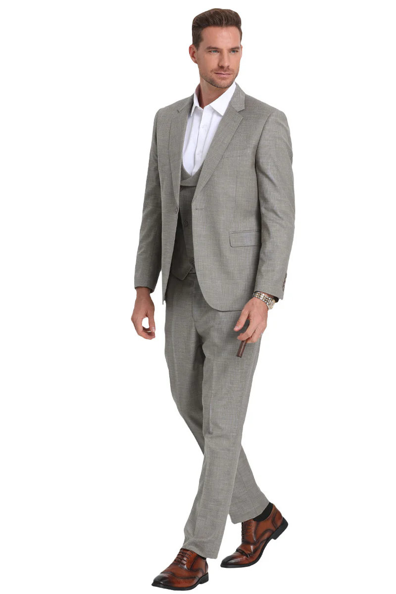 Men's One Button Double Breasted Vest Slim Fit Sharkskin Wedding Suit in Light Grey - Image 2