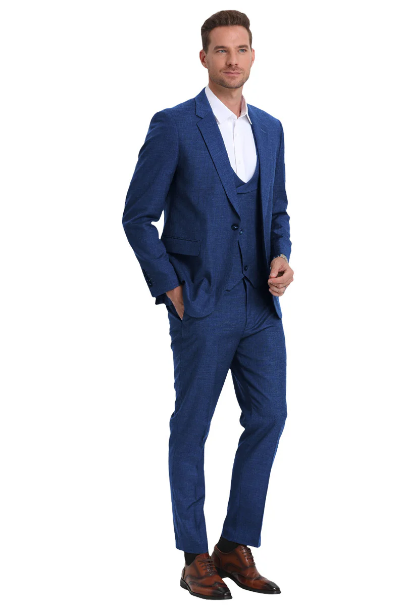 Men's One Button Double Breasted Vest Slim Fit Sharkskin Wedding Suit in Navy Blue - Image 2