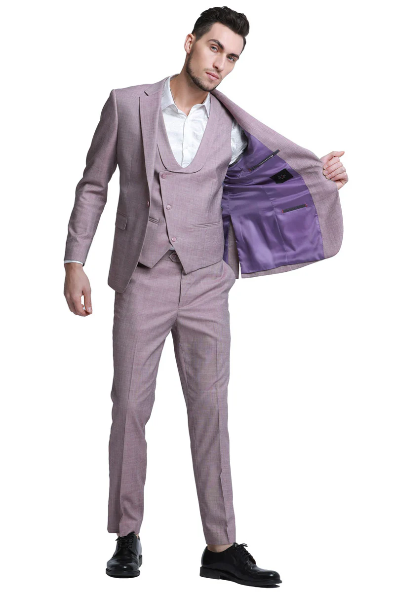 Men's One Button Double Breasted Vest Slim Fit Sharkskin Wedding Suit in Rose Pink - Image 2