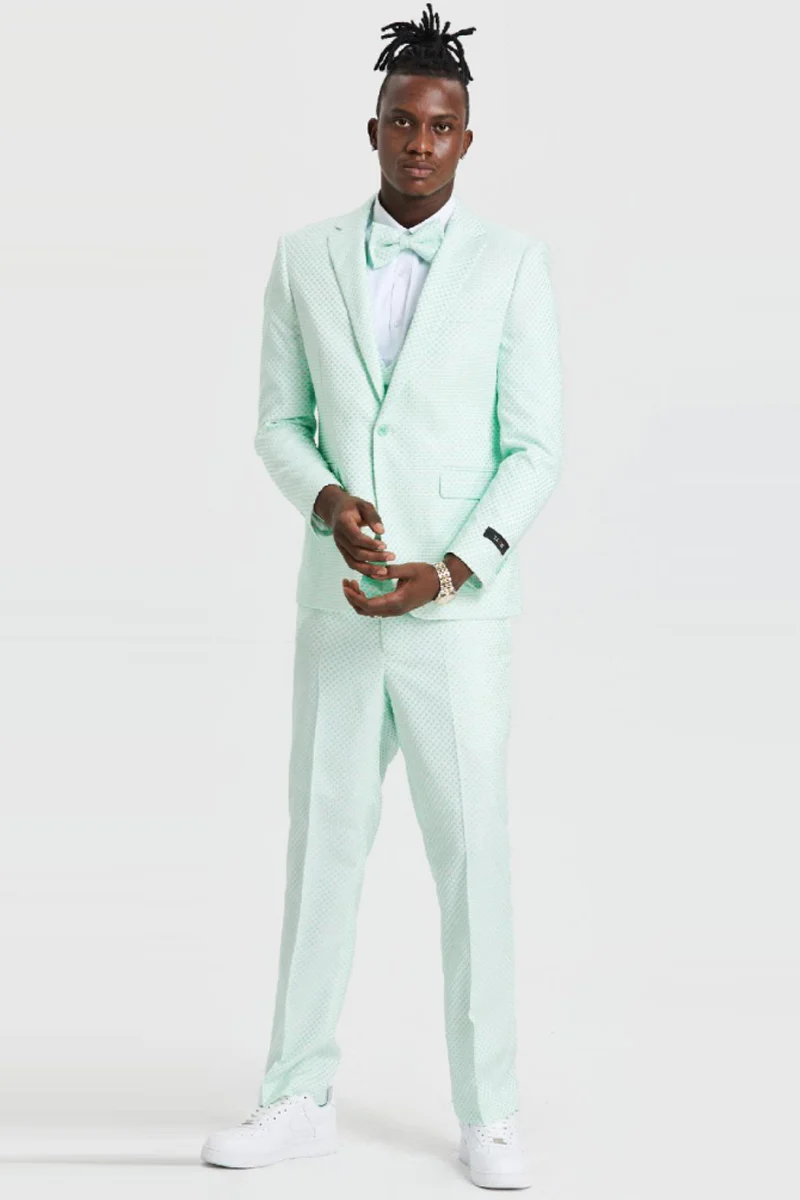 Men's One Button Double Brested Vest Notch Lapel Prom & Wedding Suit in Mint Green Polka Dot - Image 2