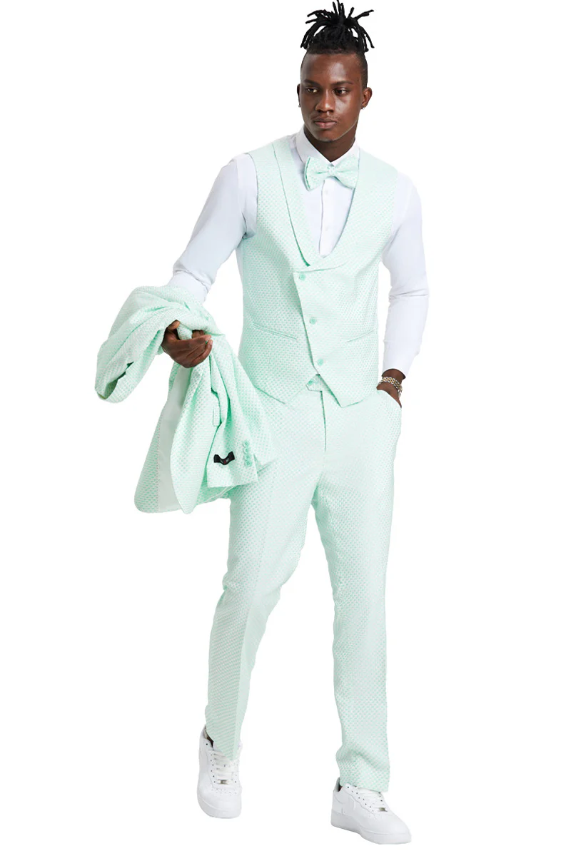 Men's One Button Double Brested Vest Notch Lapel Prom & Wedding Suit in Mint Green Polka Dot - Image 3