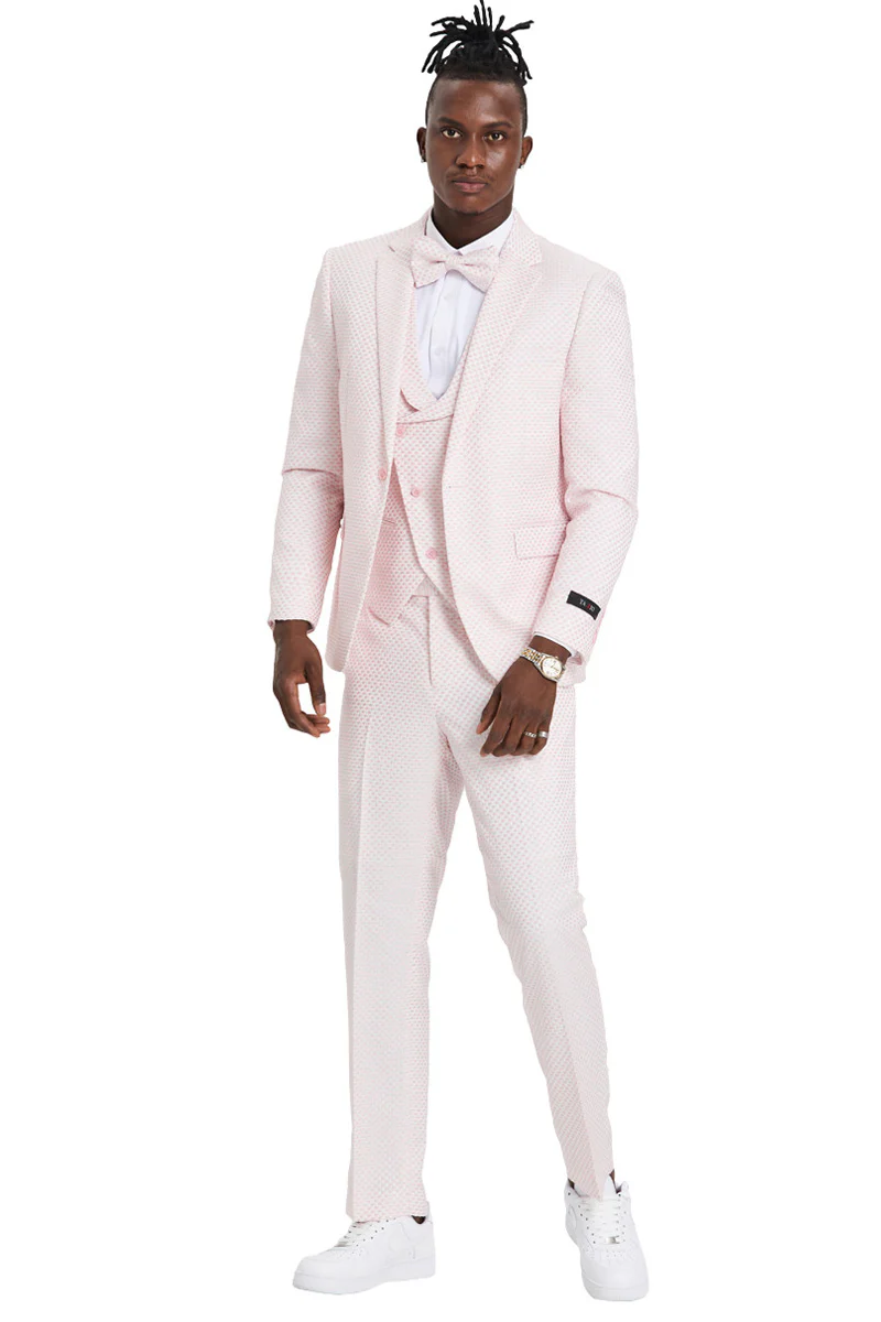 Men's One Button Double Brested Vest Notch Lapel Prom & Wedding Suit in Pink Polka Dot - Image 2
