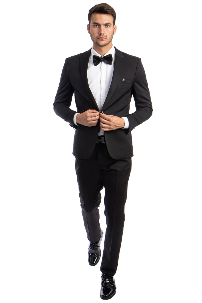 Men's One Button Peak Lapel Basic Slim Fit Suit in Black - Image 2