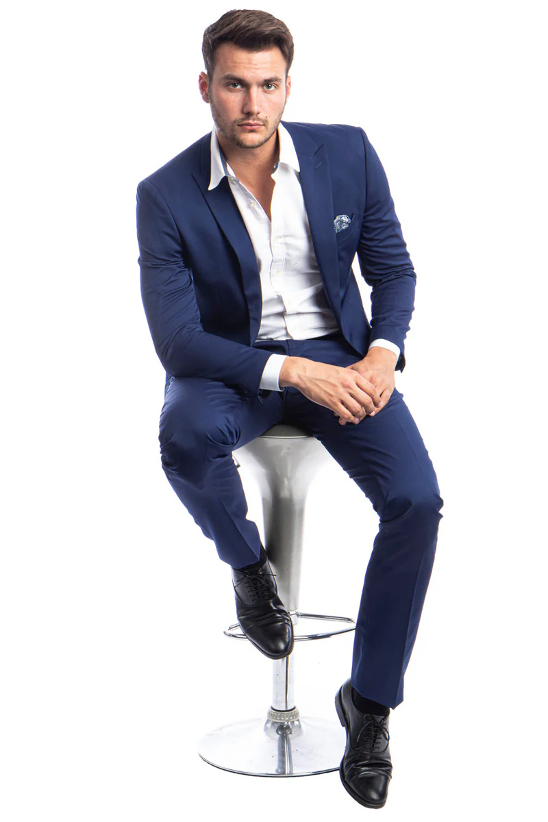 Men's One Button Peak Lapel Basic Slim Fit Suit in Dark Blue - Image 2