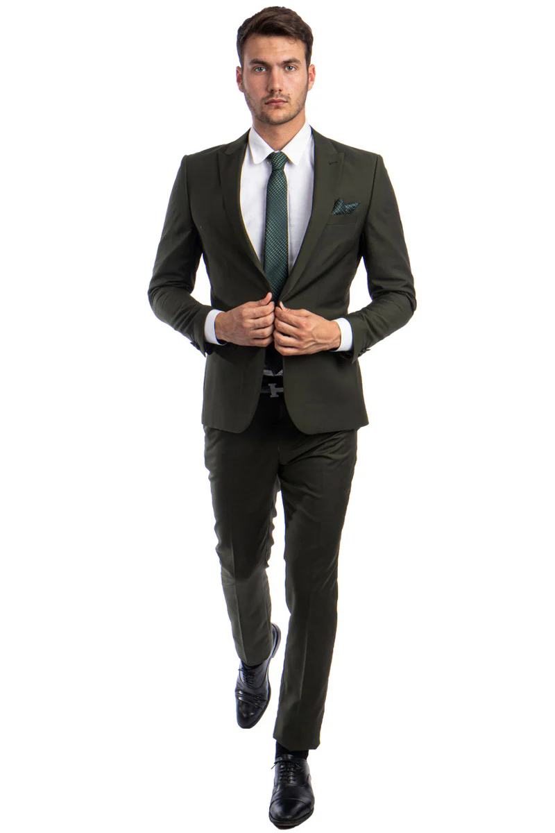Men's One Button Peak Lapel Basic Slim Fit Suit in Dark Olive Green - Image 2