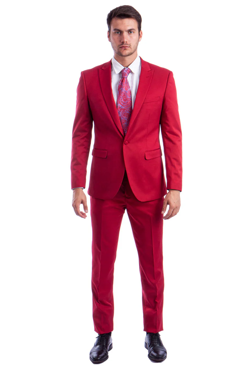 Men's One Button Peak Lapel Basic Slim Fit Suit in Red - Image 2