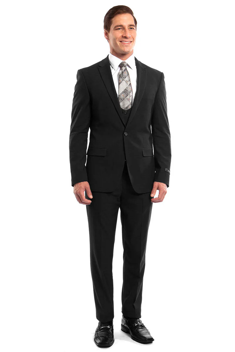 Men's One Button Peak Lapel Skinny Wedding & Prom Suit with Lowcut Vest in Black - Image 2