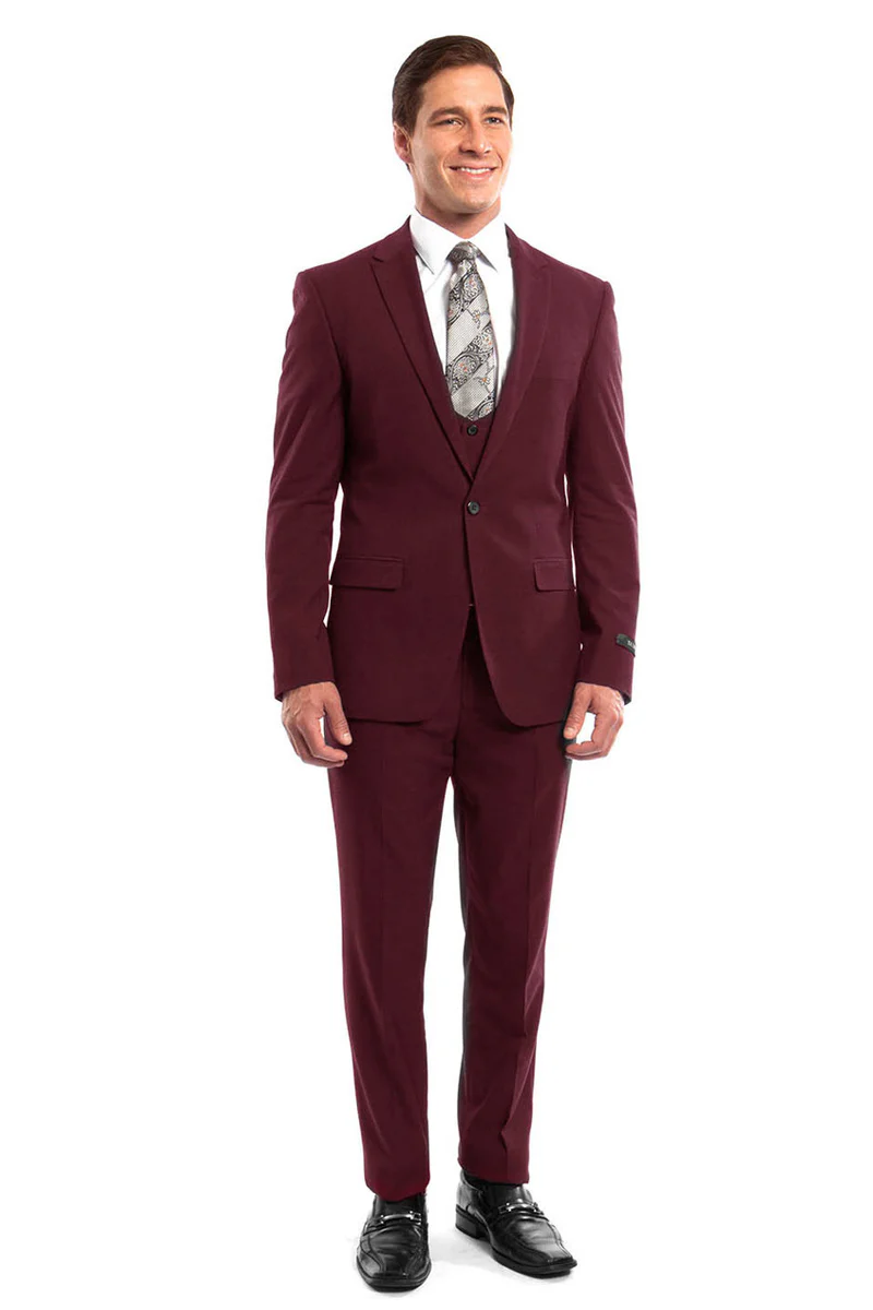Men's One Button Peak Lapel Skinny Wedding & Prom Suit with Lowcut Vest in Burgundy - Image 2