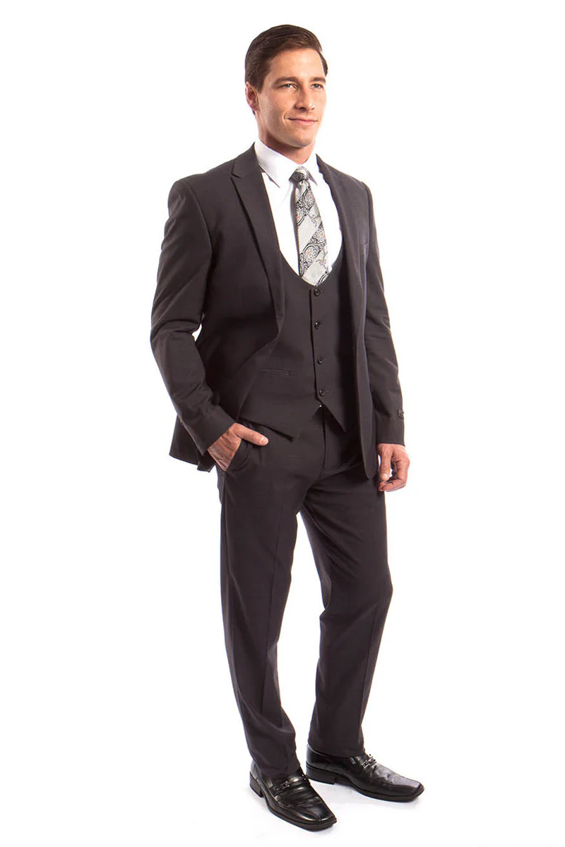 Men's One Button Peak Lapel Skinny Wedding & Prom Suit with Lowcut Vest in Dark Grey - Image 2