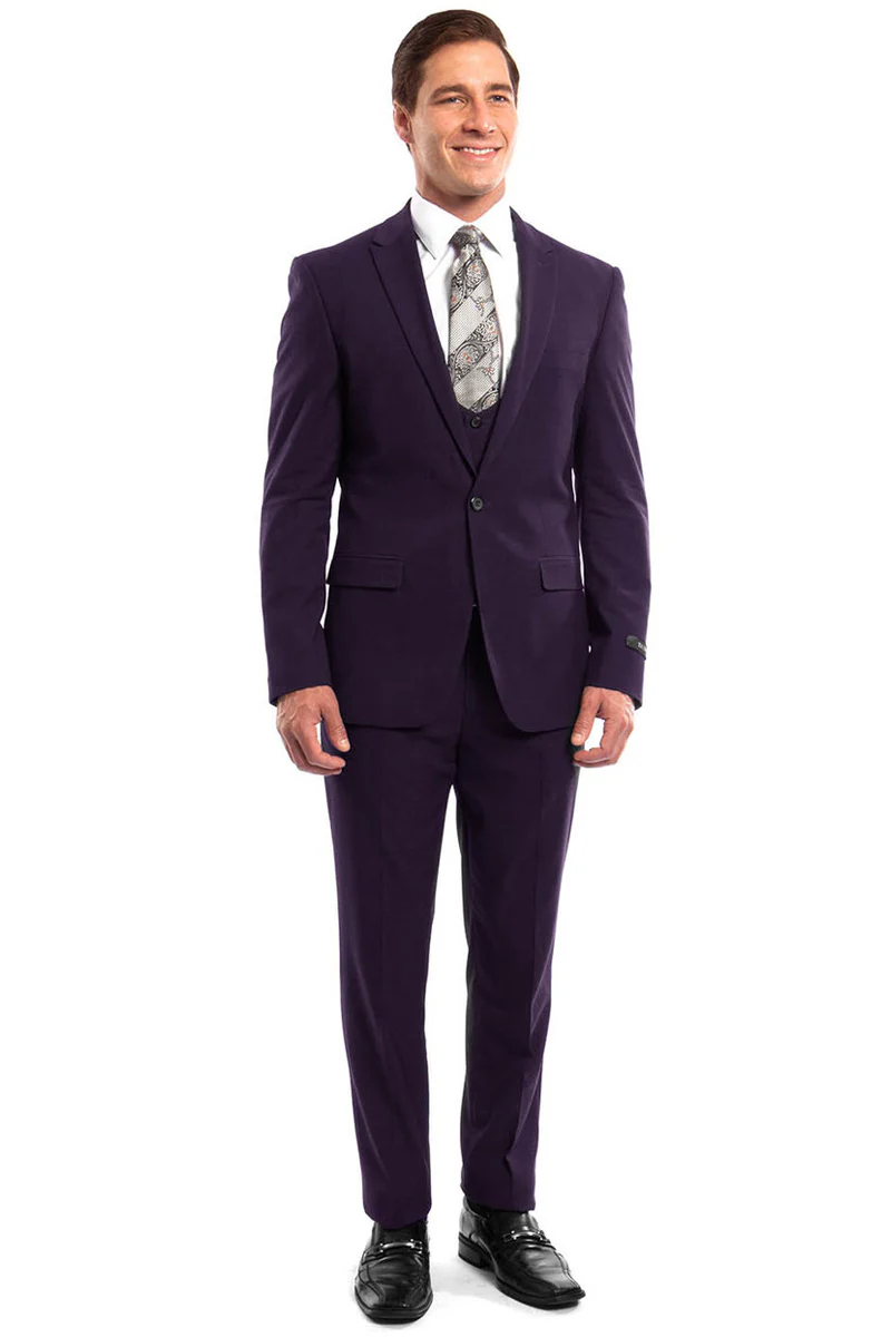 Men's One Button Peak Lapel Skinny Wedding & Prom Suit with Lowcut Vest in Eggplant - Image 2