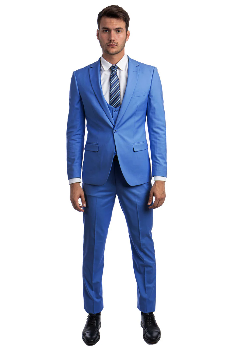 Men's One Button Peak Lapel Skinny Wedding & Prom Suit with Lowcut Vest in French Blue - Image 2