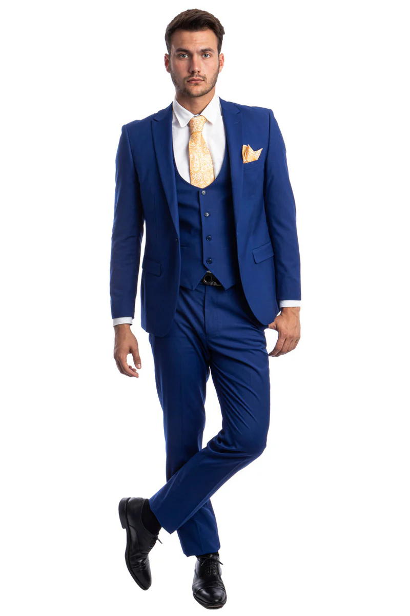 Men's One Button Peak Lapel Skinny Wedding & Prom Suit with Lowcut Vest in Indigo Blue - Image 2