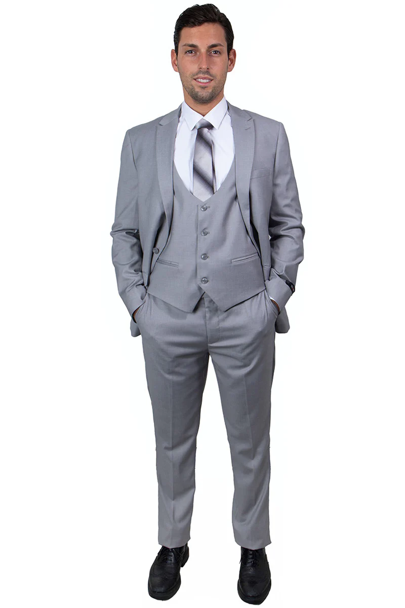 Men's One Button Peak Lapel Skinny Wedding & Prom Suit with Lowcut Vest in Light Grey - Image 2