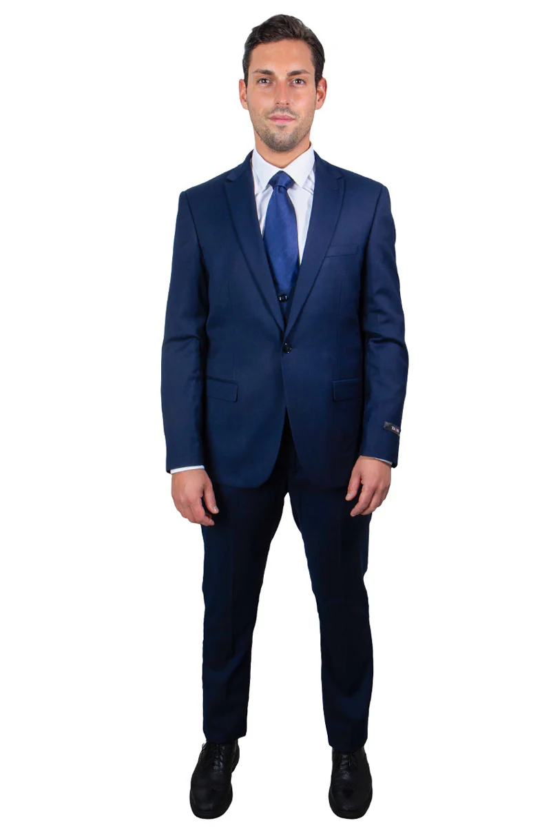 Men's One Button Peak Lapel Skinny Wedding & Prom Suit with Lowcut Vest in Navy Blue - Image 2
