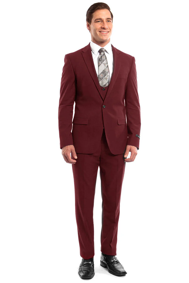 Men's One Button Peak Lapel Skinny Wedding & Prom Suit with Lowcut Vest in Red - Image 2