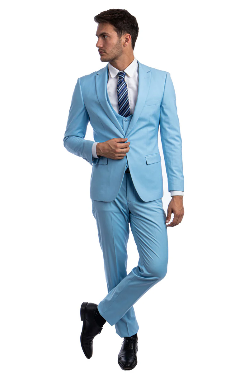 Men's One Button Peak Lapel Skinny Wedding & Prom Suit with Lowcut Vest in Sky Blue - Image 2