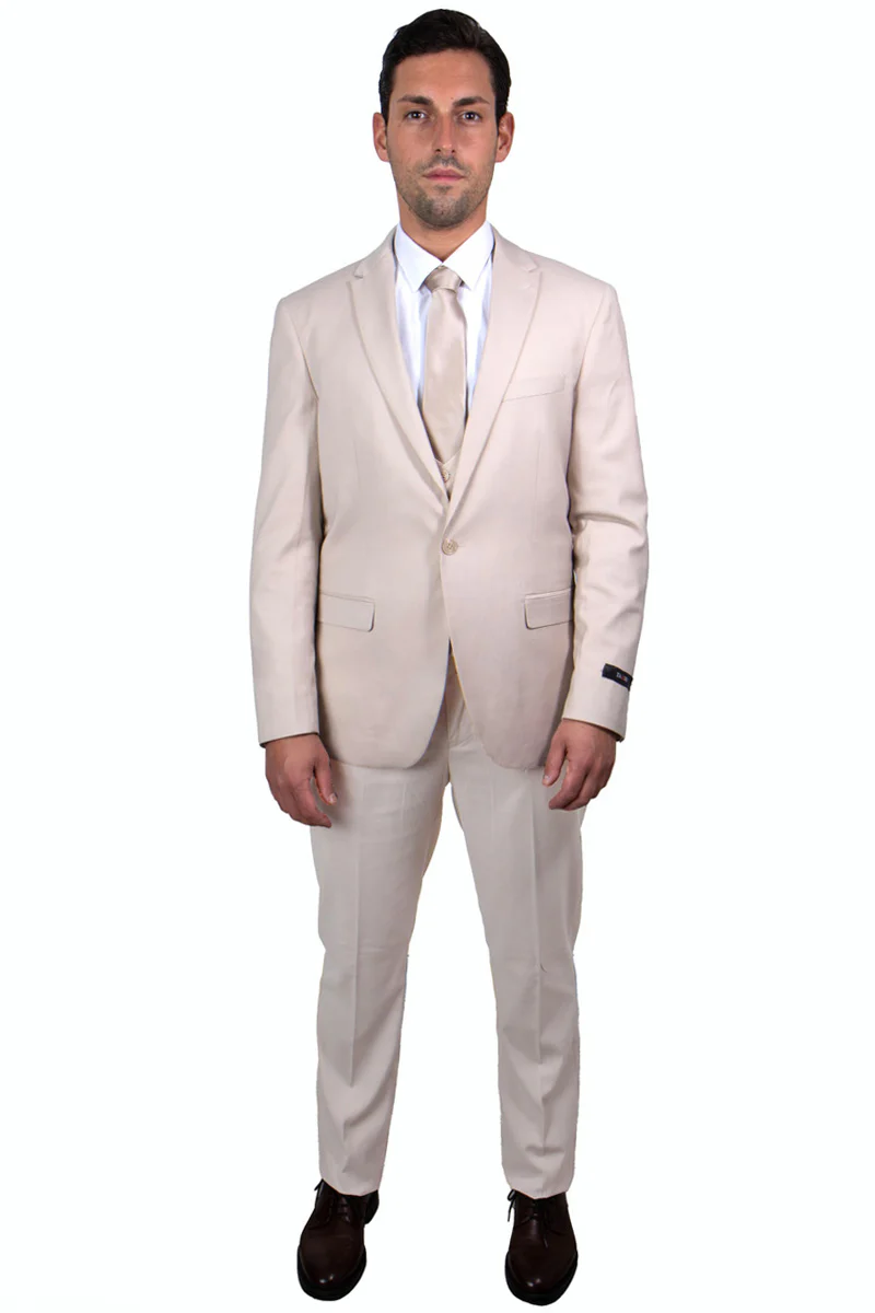 Men's One Button Peak Lapel Skinny Wedding & Prom Suit with Lowcut Vest in Tan - Image 2