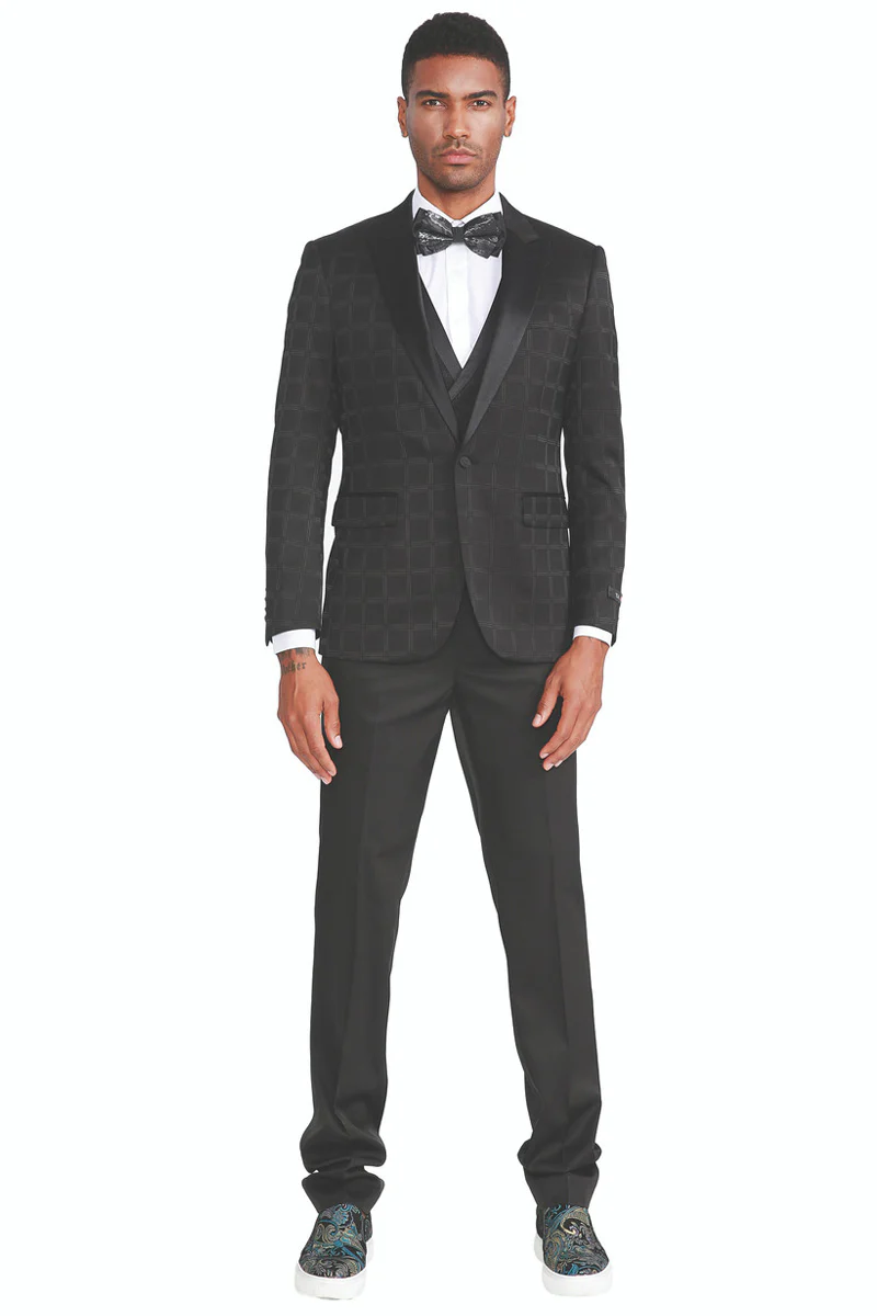 Men's One Button Peak Lapel Tuxedo with Double Breasted Vest in Black Plaid - Image 2