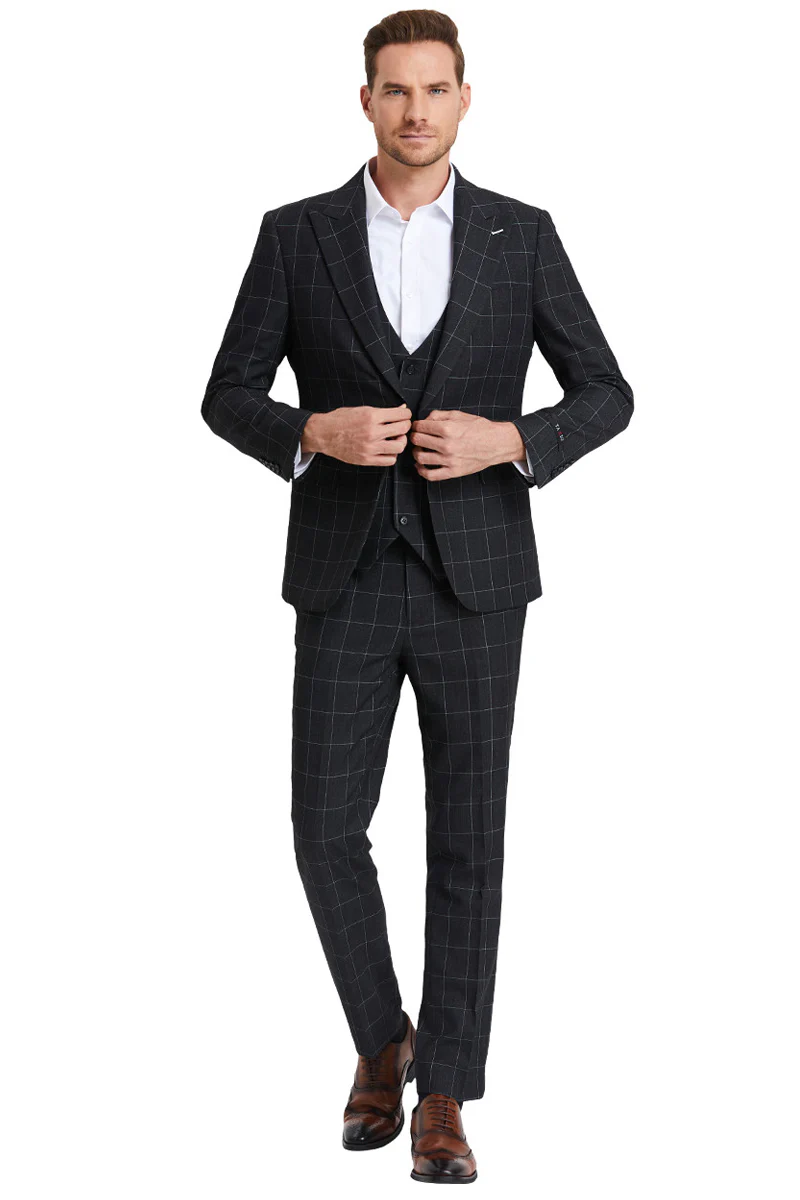 Men's One Button Peak Lapel Vested Bold Chalk Windowpane Plaid Suit in Black - Image 3